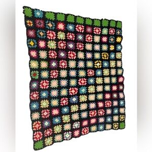 Handmade Granny Square Crochet Afghan Throw Blanket Black Multicolor 52x43” VTG